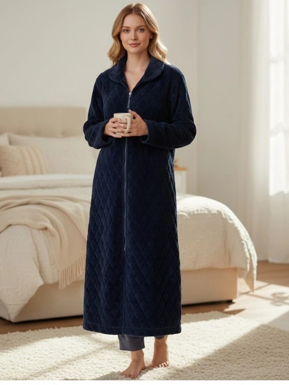 Croft And Barrow Faux Fur Intimates Plush Long Zip-Front Robe - Navy. NWOT